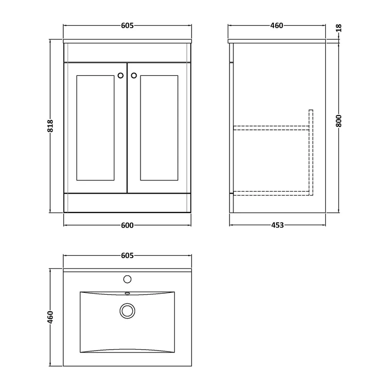 Classique 600mm Floor Standing Vanity Unit With 2 Doors With Minimalist Ceramic Basin - Satin Grey