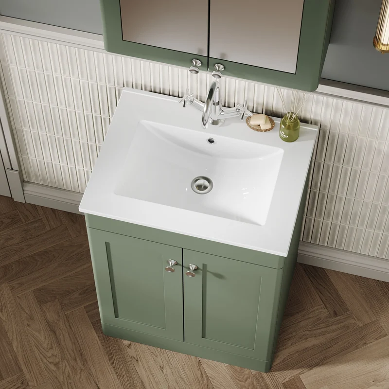 Classique 600mm Floor Standing Vanity Unit With 2 Doors With Minimalist Ceramic Basin - Satin Green