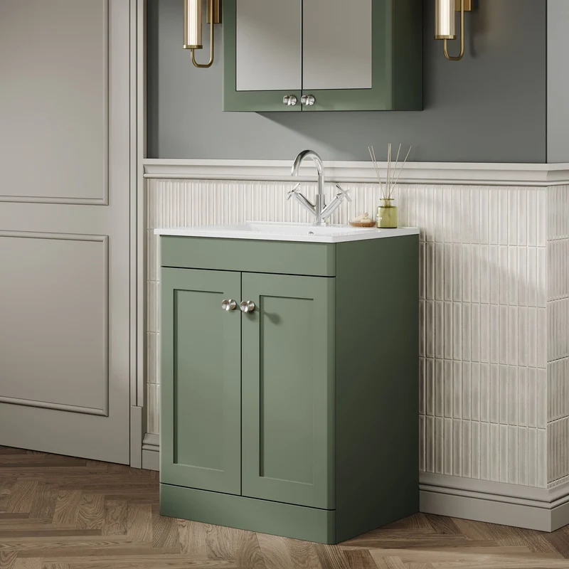 Classique 600mm Floor Standing Vanity Unit With 2 Doors With Minimalist Ceramic Basin - Satin Green