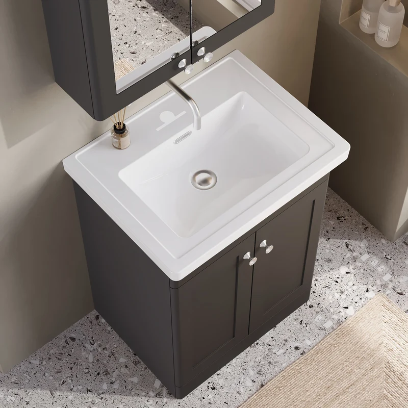 Classique 600mm Floor Standing Vanity Unit With 2 Doors With Fireclay Basin - Satin Soft Black
