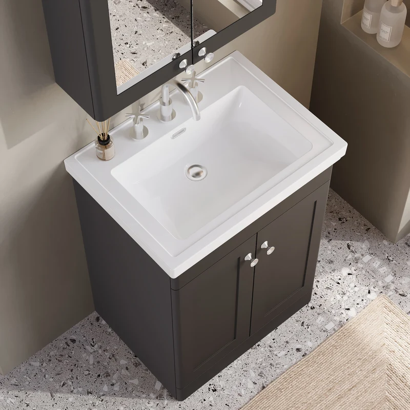 Classique 600mm Floor Standing Vanity Unit With 2 Doors With Fireclay Basin - Satin Soft Black