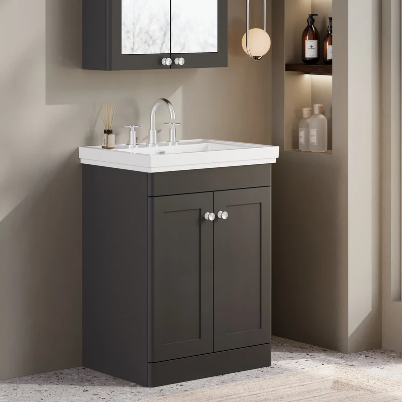 Classique 600mm Floor Standing Vanity Unit With 2 Doors With Fireclay Basin - Satin Soft Black