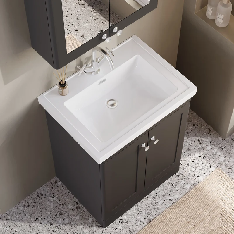 Classique 600mm Floor Standing Vanity Unit With 2 Doors With Fireclay Basin - Satin Soft Black