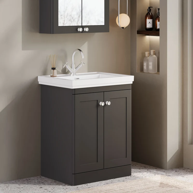 Classique 600mm Floor Standing Vanity Unit With 2 Doors With Fireclay Basin - Satin Soft Black