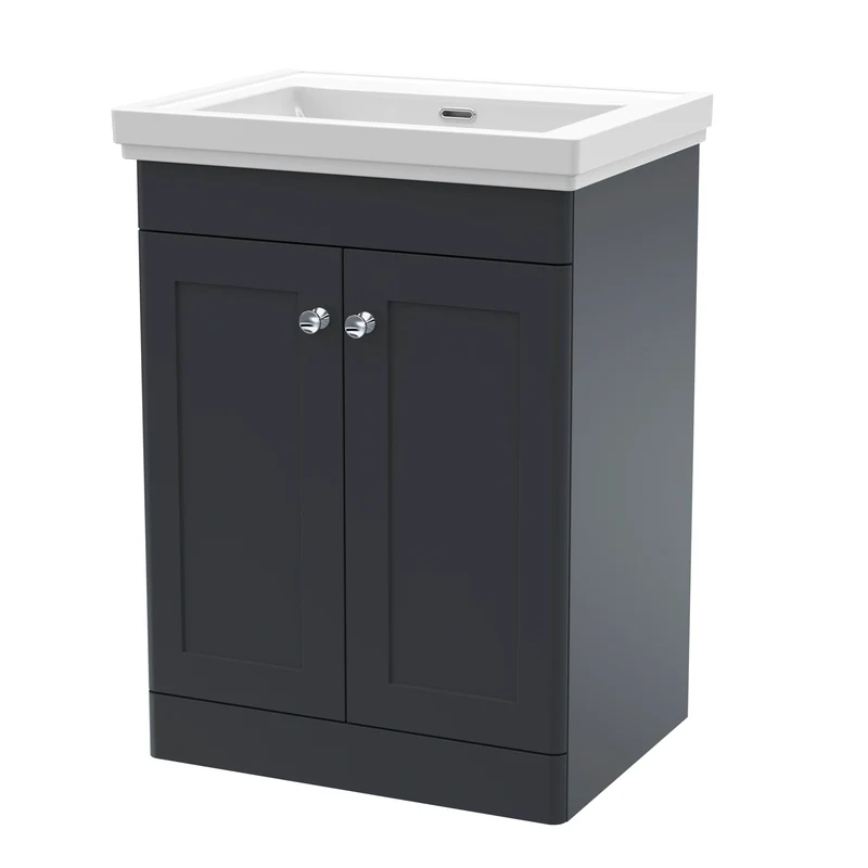 Classique 600mm Floor Standing Vanity Unit With 2 Doors With Fireclay Basin - Satin Soft Black
