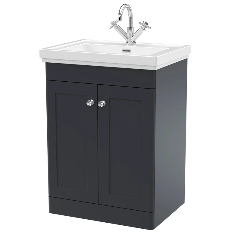 Classique 600mm Floor Standing Vanity Unit With 2 Doors With Fireclay Basin - Satin Soft Black