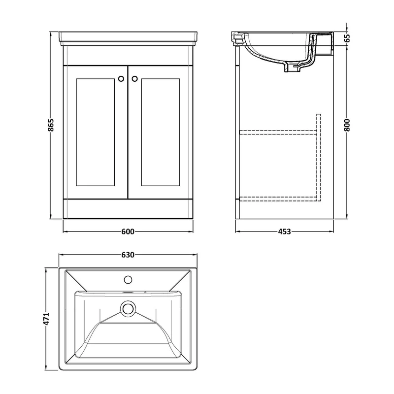 Classique 600mm Floor Standing Vanity Unit With 2 Doors With Fireclay Basin - Satin Soft Black