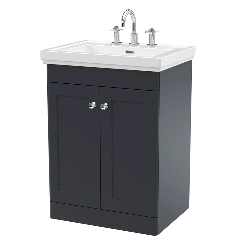 Classique 600mm Floor Standing Vanity Unit With 2 Doors With Fireclay Basin - Satin Soft Black