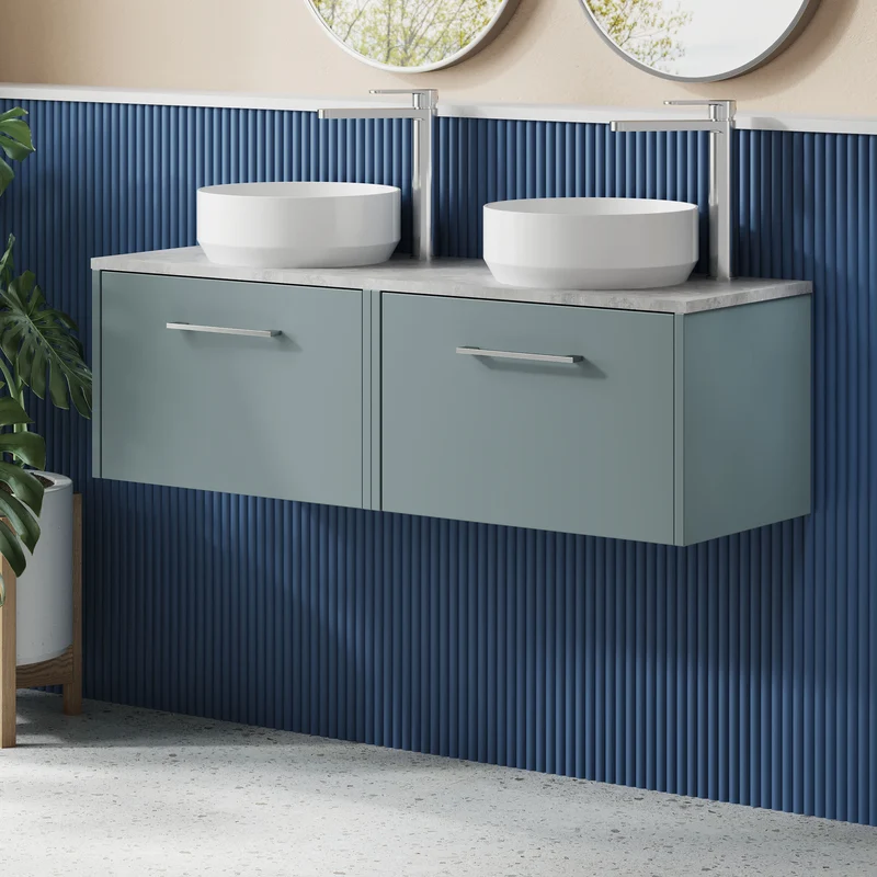 Juno 1200mm Wall Hung 2 Drawer Vanity Unit & Bellato Grey Laminate Worktop - Coastal Grey Matt