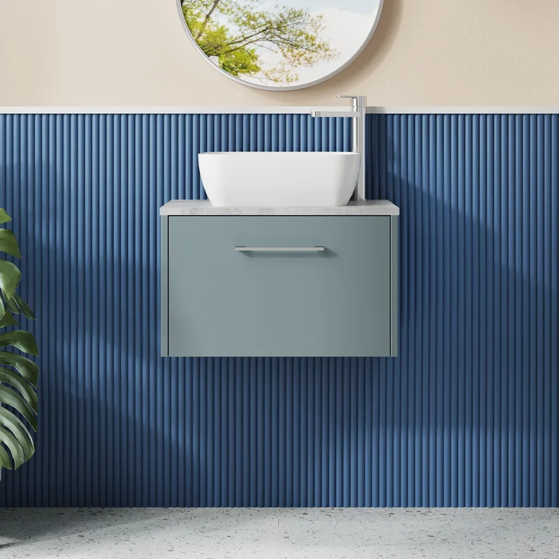 Juno 600mm Wall Hung 1 Drawer Vanity Unit & Bellato Grey Laminate Worktop - Coastal Grey Matt