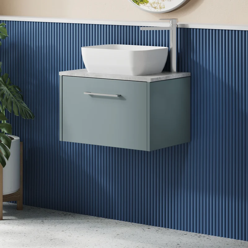 Juno 600mm Wall Hung 1 Drawer Vanity Unit & Bellato Grey Laminate Worktop - Coastal Grey Matt