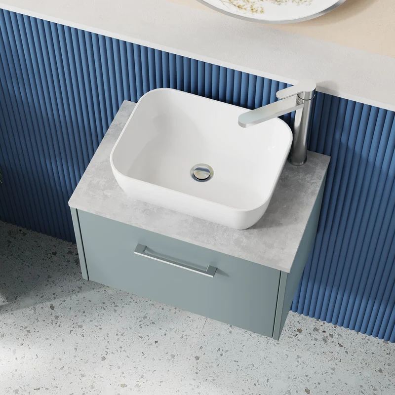 Juno 600mm Wall Hung 1 Drawer Vanity Unit & Bellato Grey Laminate Worktop - Coastal Grey Matt