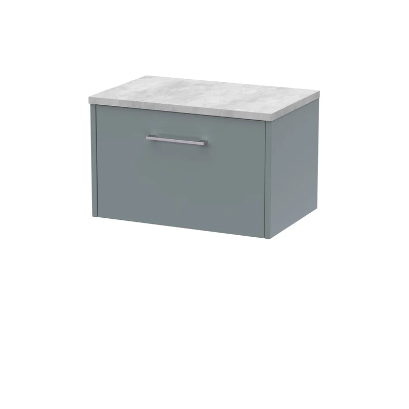 Juno 600mm Wall Hung 1 Drawer Vanity Unit & Bellato Grey Laminate Worktop - Coastal Grey Matt