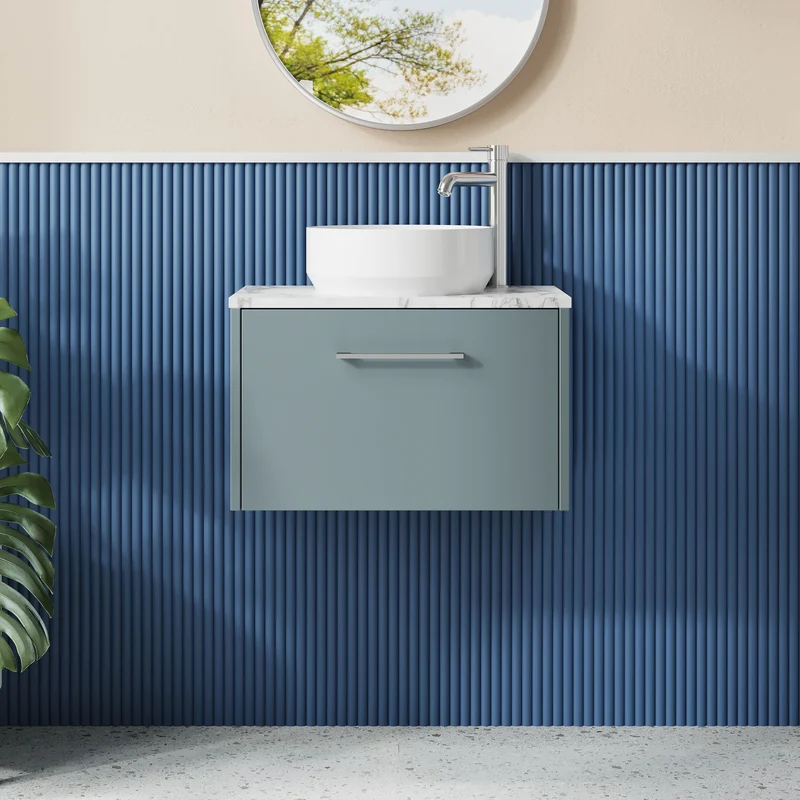 Juno 600mm Wall Hung 1 Drawer Vanity Unit & Carrera Marble Laminate Worktop - Coastal Grey Matt