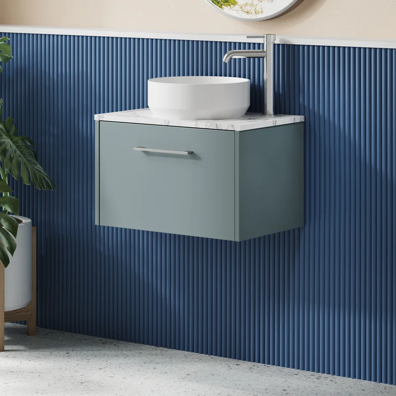 Juno 600mm Wall Hung 1 Drawer Vanity Unit & Carrera Marble Laminate Worktop - Coastal Grey Matt