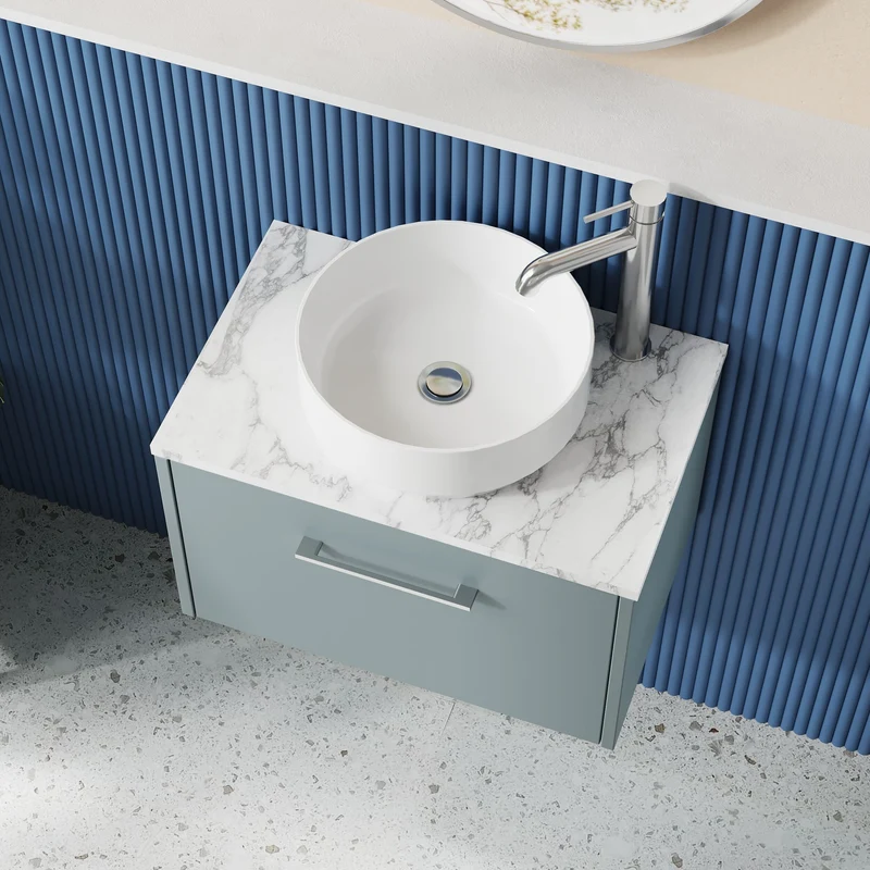 Juno 600mm Wall Hung 1 Drawer Vanity Unit & Carrera Marble Laminate Worktop - Coastal Grey Matt
