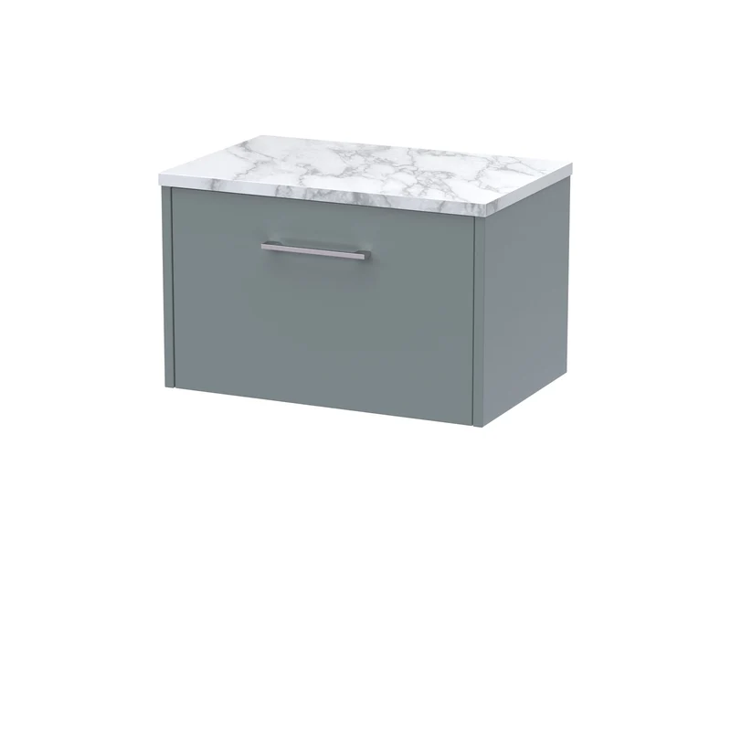 Juno 600mm Wall Hung 1 Drawer Vanity Unit & Carrera Marble Laminate Worktop - Coastal Grey Matt
