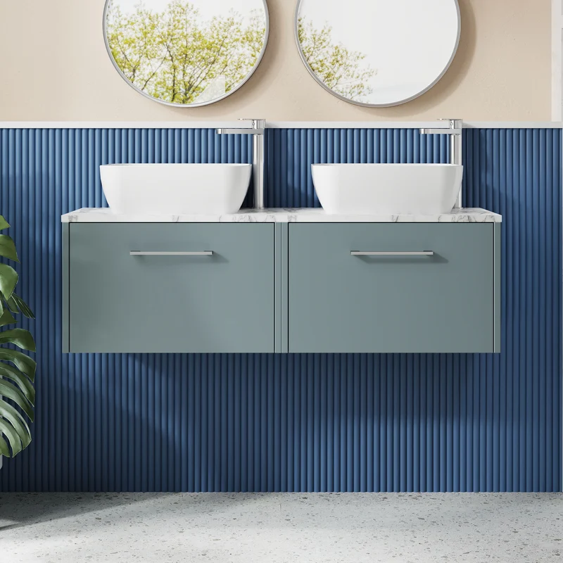 Juno 1200mm Wall Hung 2 Drawer Vanity Unit & Carrera Marble Laminate Worktop - Coastal Grey Matt