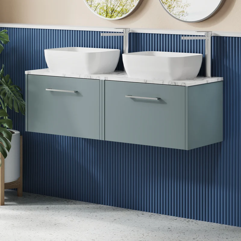 Juno 1200mm Wall Hung 2 Drawer Vanity Unit & Carrera Marble Laminate Worktop - Coastal Grey Matt