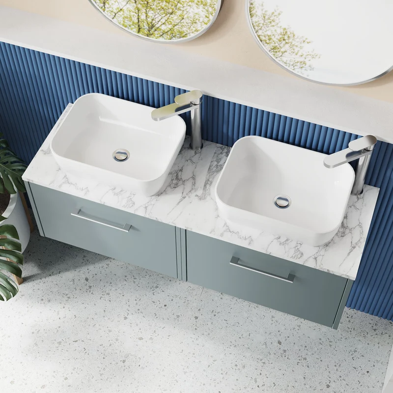 Juno 1200mm Wall Hung 2 Drawer Vanity Unit & Carrera Marble Laminate Worktop - Coastal Grey Matt