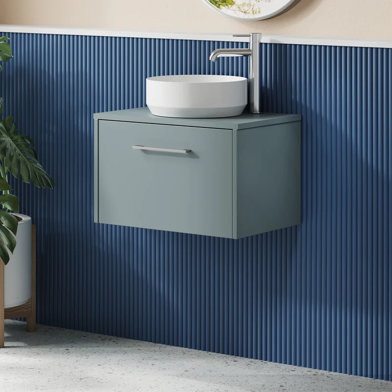 Juno 600mm Wall Hung 1 Drawer Vanity Unit & Worktop - Coastal Grey Matt