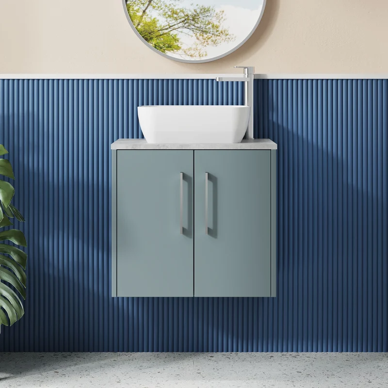 Juno 600mm Wall Hung 2 Door Vanity Unit & Bellato Grey Laminate Worktop - Coastal Grey Matt