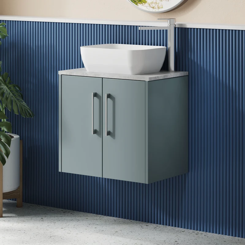 Juno 600mm Wall Hung 2 Door Vanity Unit & Bellato Grey Laminate Worktop - Coastal Grey Matt