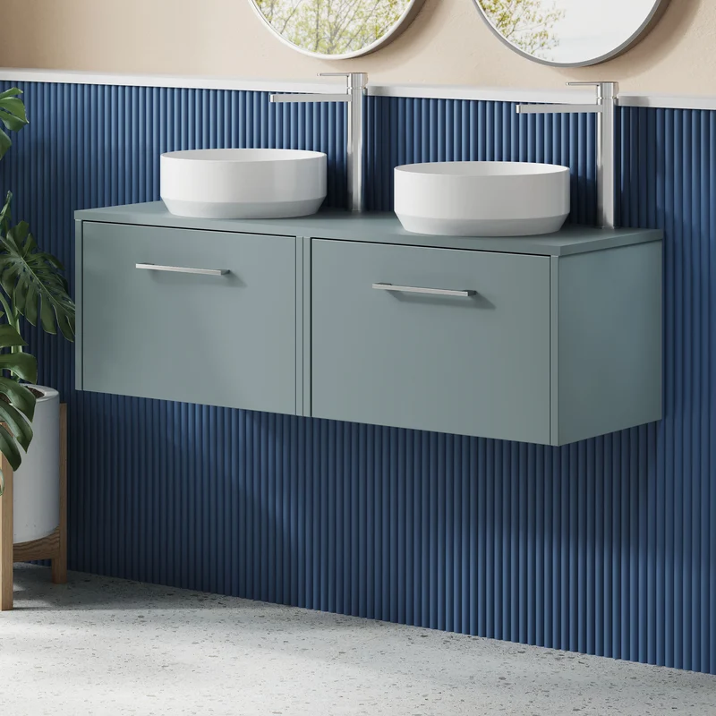 Juno 1200mm Wall Hung 2 Drawer Vanity Unit & Worktop - Coastal Grey Matt