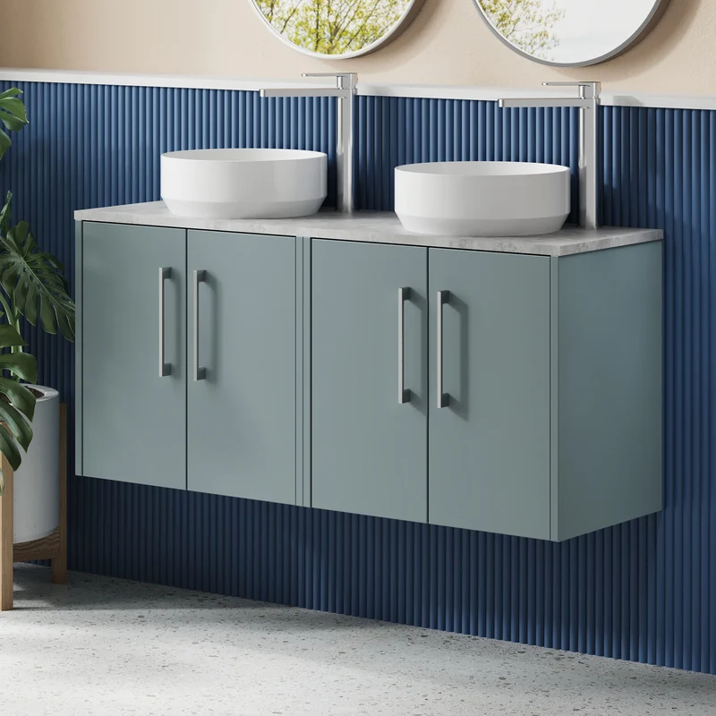 Juno 1200mm Wall Hung 4 Door Vanity Unit & Bellato Grey Laminate Worktop - Coastal Grey Matt