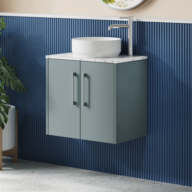 Juno 600mm Wall Hung 2 Door Vanity Unit & Carrera Marble Laminate Worktop - Coastal Grey Matt