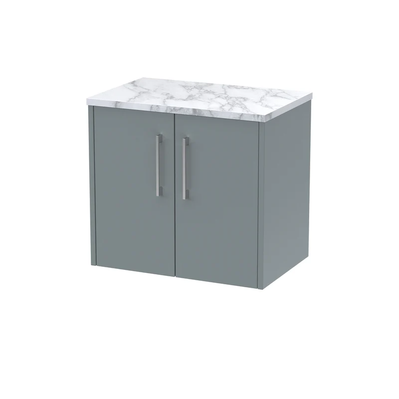 Juno 600mm Wall Hung 2 Door Vanity Unit & Carrera Marble Laminate Worktop - Coastal Grey Matt