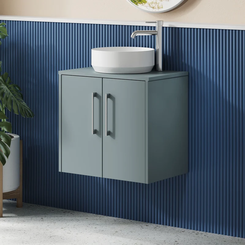 Juno 600mm Wall Hung 2 Door Vanity Unit & Worktop - Coastal Grey Matt