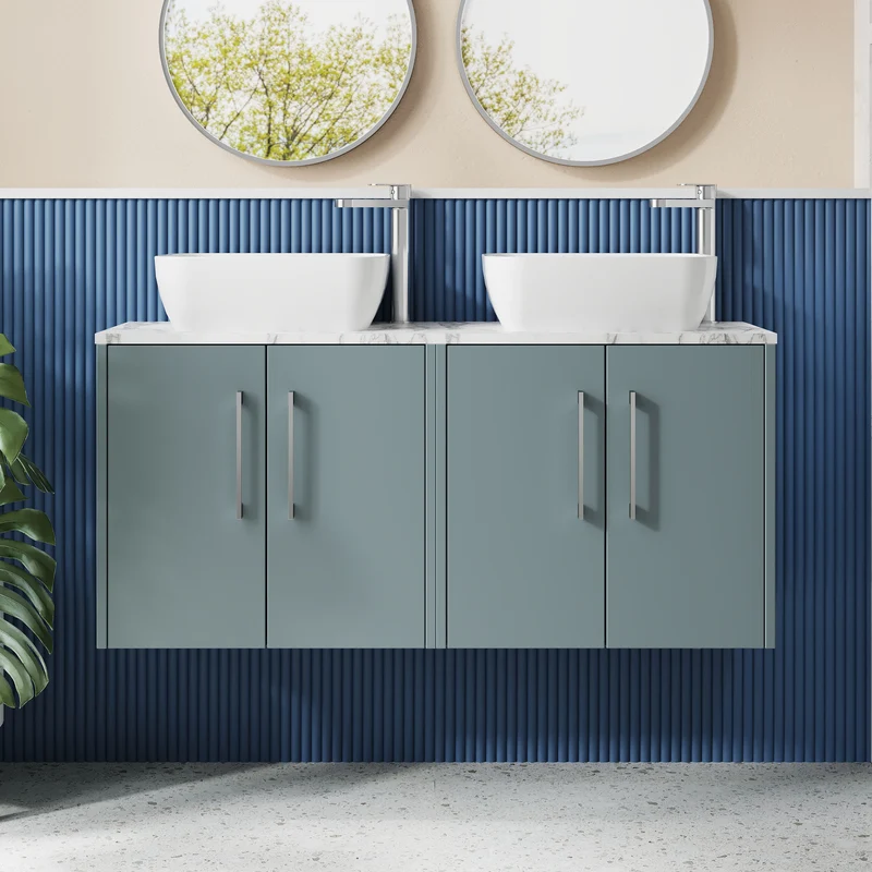 Juno 1200mm Wall Hung 4 Door Vanity Unit & Carrera Marble Laminate Worktop - Coastal Grey Matt