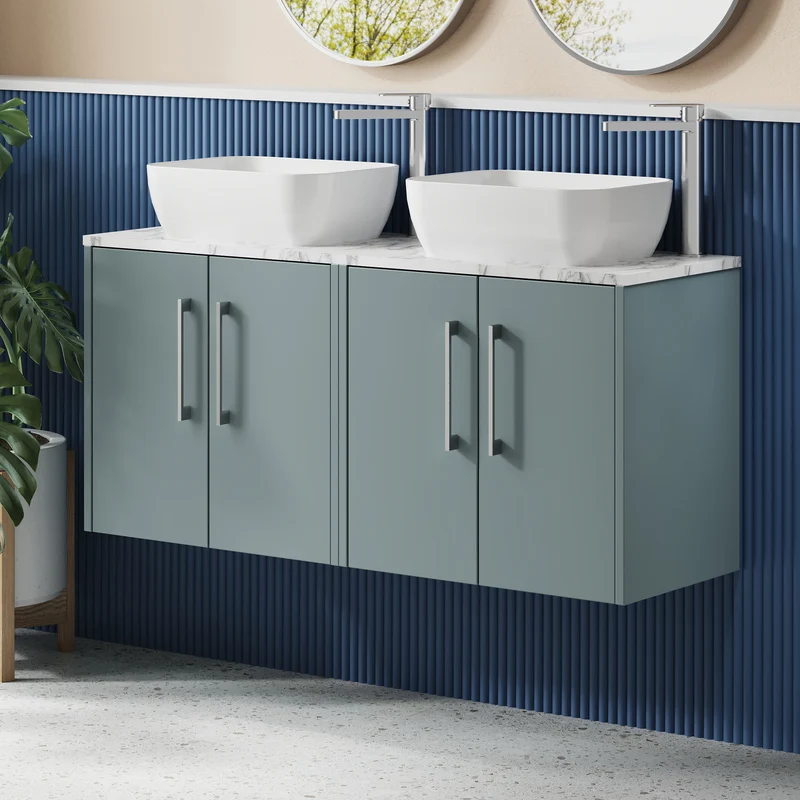 Juno 1200mm Wall Hung 4 Door Vanity Unit & Carrera Marble Laminate Worktop - Coastal Grey Matt