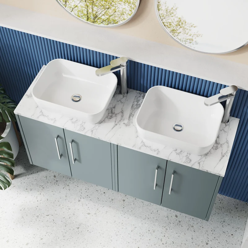 Juno 1200mm Wall Hung 4 Door Vanity Unit & Carrera Marble Laminate Worktop - Coastal Grey Matt