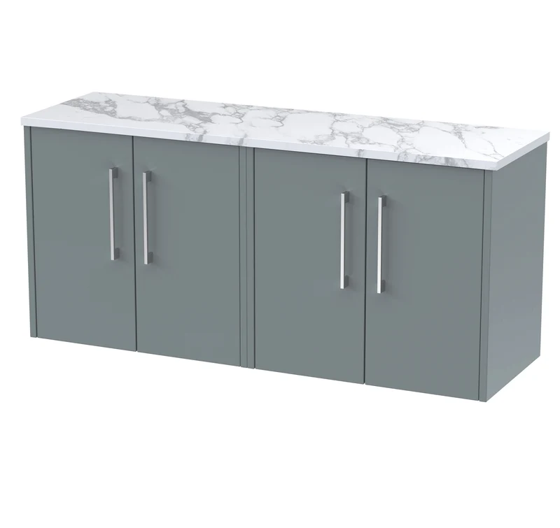 Juno 1200mm Wall Hung 4 Door Vanity Unit & Carrera Marble Laminate Worktop - Coastal Grey Matt