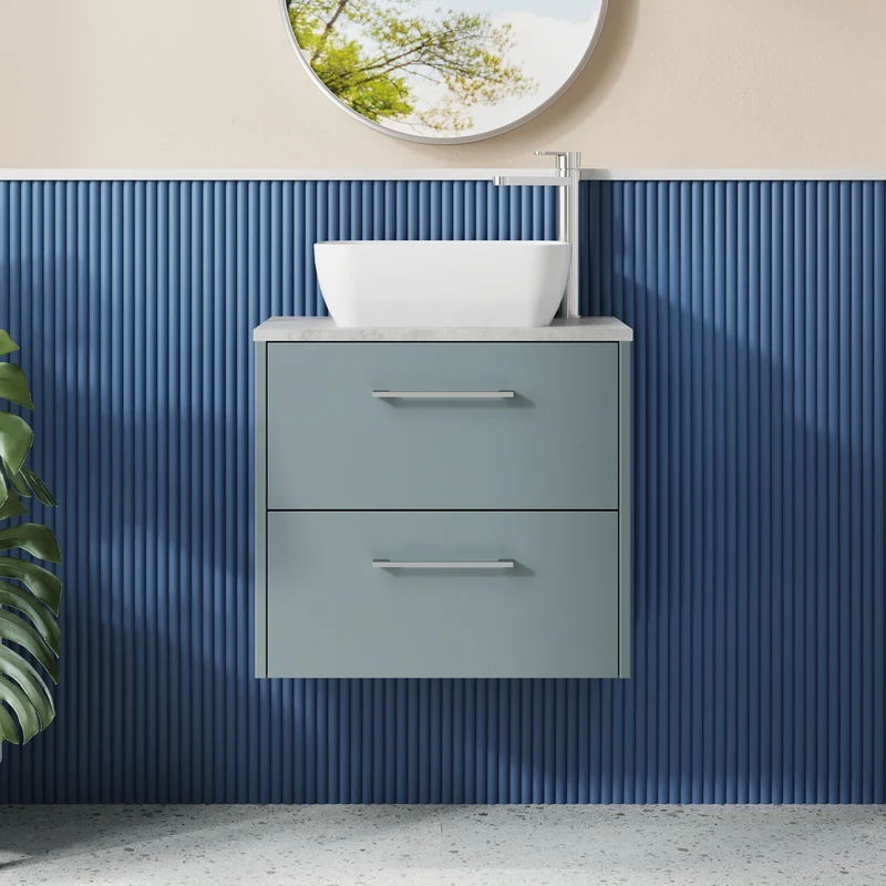 Juno 600mm Wall Hung 2 Drawer Vanity Unit & Bellato Grey Laminate Worktop - Coastal Grey Matt