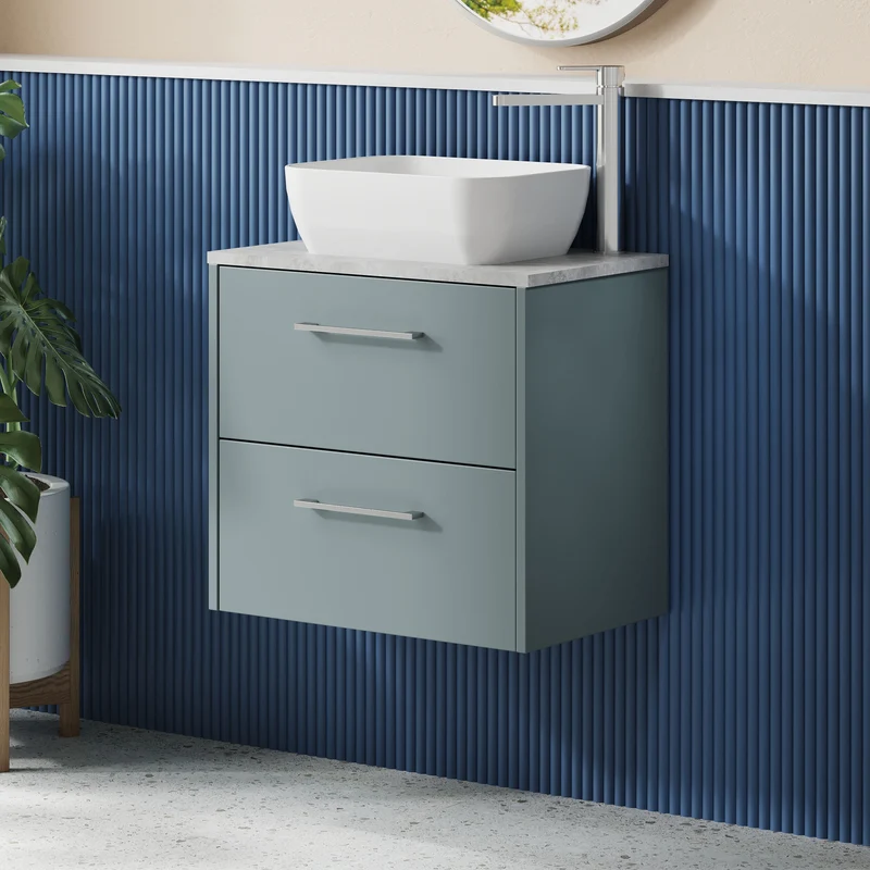 Juno 600mm Wall Hung 2 Drawer Vanity Unit & Bellato Grey Laminate Worktop - Coastal Grey Matt