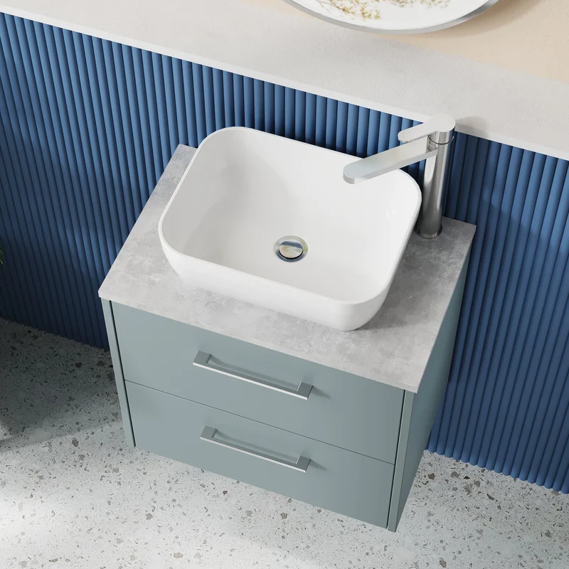 Juno 600mm Wall Hung 2 Drawer Vanity Unit & Bellato Grey Laminate Worktop - Coastal Grey Matt