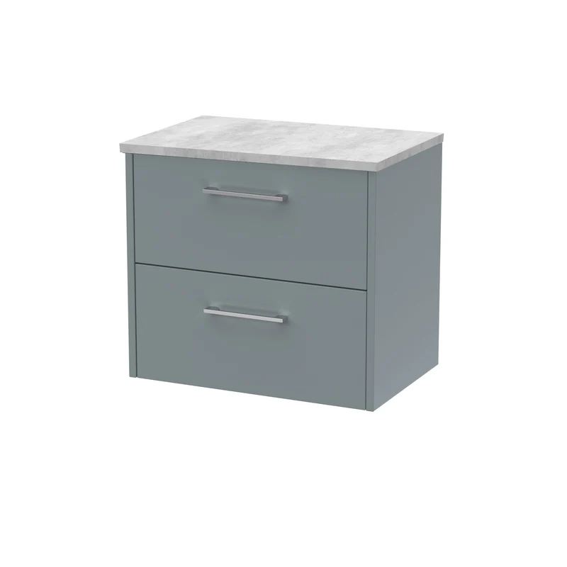Juno 600mm Wall Hung 2 Drawer Vanity Unit & Bellato Grey Laminate Worktop - Coastal Grey Matt