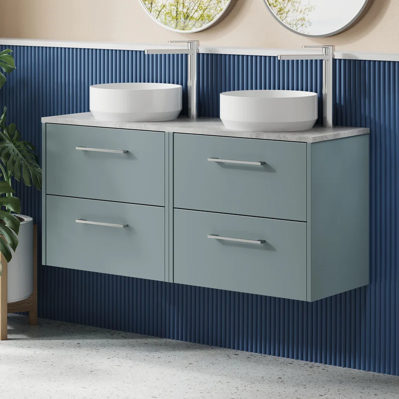 Juno 1200mm Wall Hung 4 Drawer Vanity Unit & Bellato Grey Laminate Worktop - Coastal Grey Matt