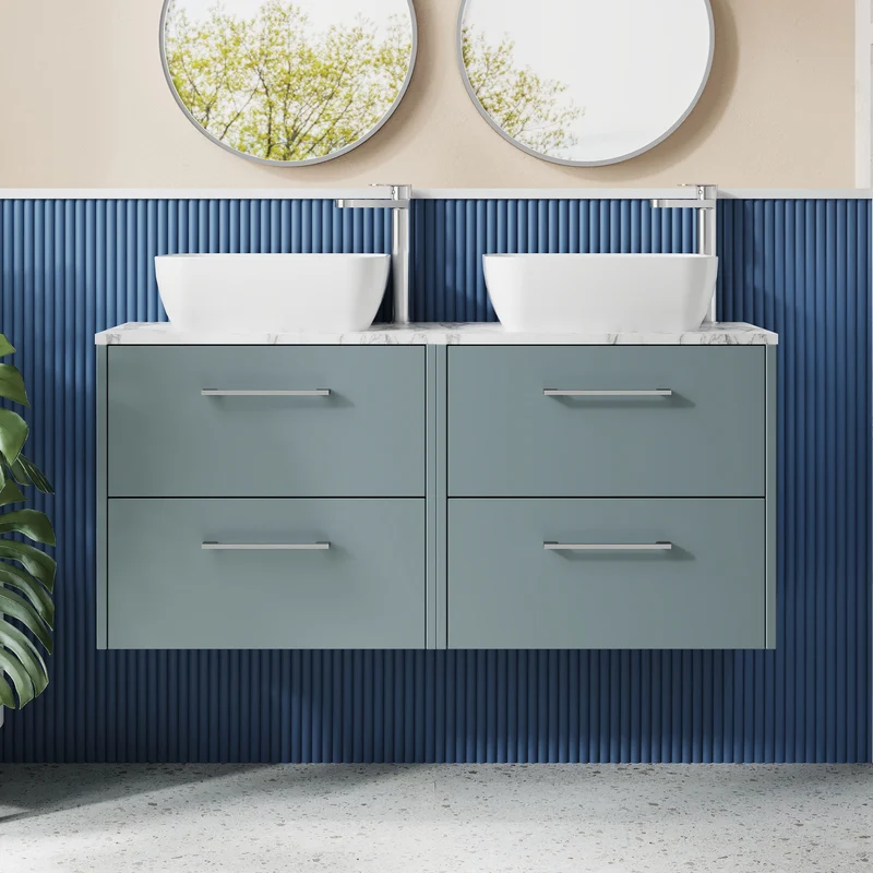 Juno 1200mm Wall Hung 4 Drawer Vanity Unit & Carrera Marble Laminate Worktop - Coastal Grey Matt
