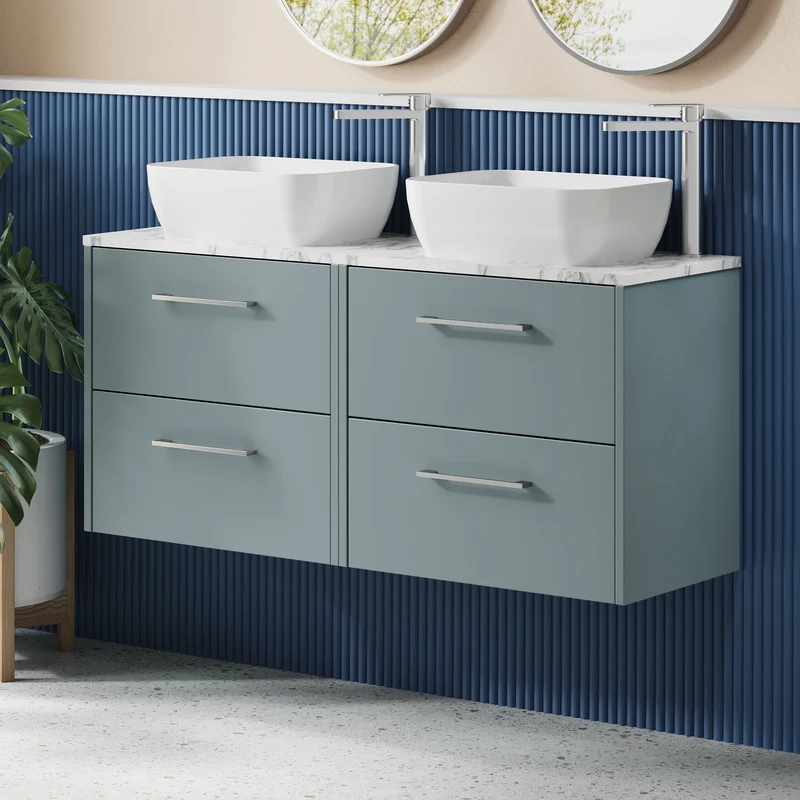 Juno 1200mm Wall Hung 4 Drawer Vanity Unit & Carrera Marble Laminate Worktop - Coastal Grey Matt