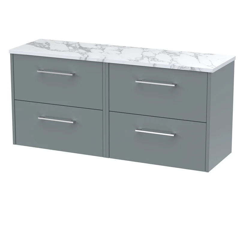 Juno 1200mm Wall Hung 4 Drawer Vanity Unit & Carrera Marble Laminate Worktop - Coastal Grey Matt