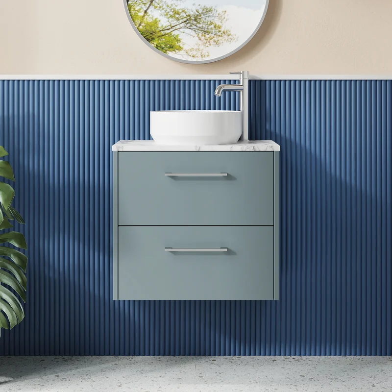 Juno 600mm Wall Hung 2 Drawer Vanity Unit & Carrera Marble Laminate Worktop - Coastal Grey Matt