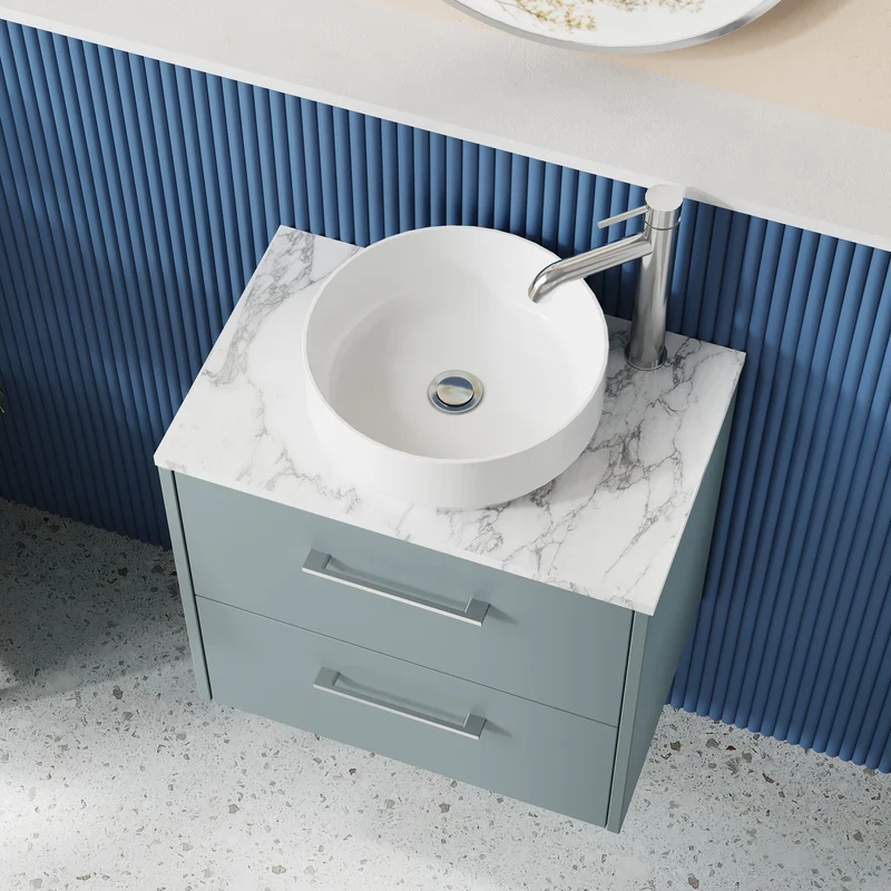 Juno 600mm Wall Hung 2 Drawer Vanity Unit & Carrera Marble Laminate Worktop - Coastal Grey Matt