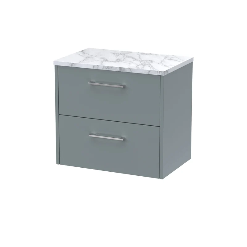 Juno 600mm Wall Hung 2 Drawer Vanity Unit & Carrera Marble Laminate Worktop - Coastal Grey Matt
