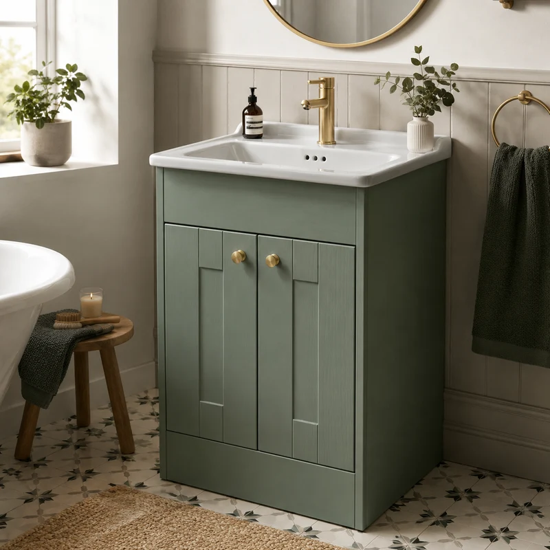 Vitra Integra Classic 600mm Floor Standing 2 Door Reed Green Vanity Unit & Basin