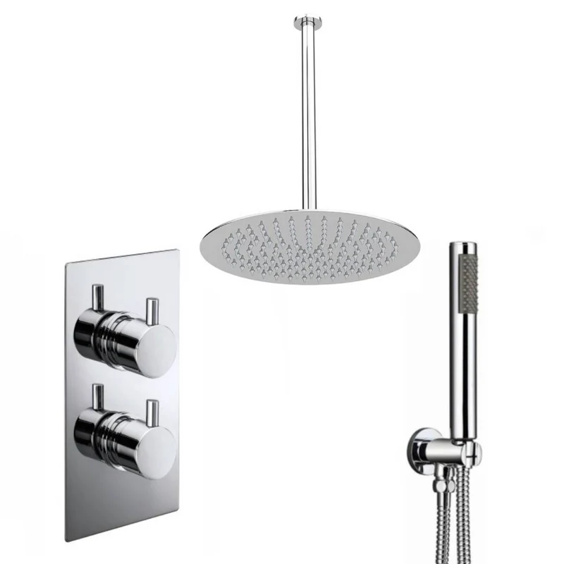 Round Twin Thermostatic Concealed Mixer Shower Kit with Ceiling Mounted 300mm Shower Head & Handset