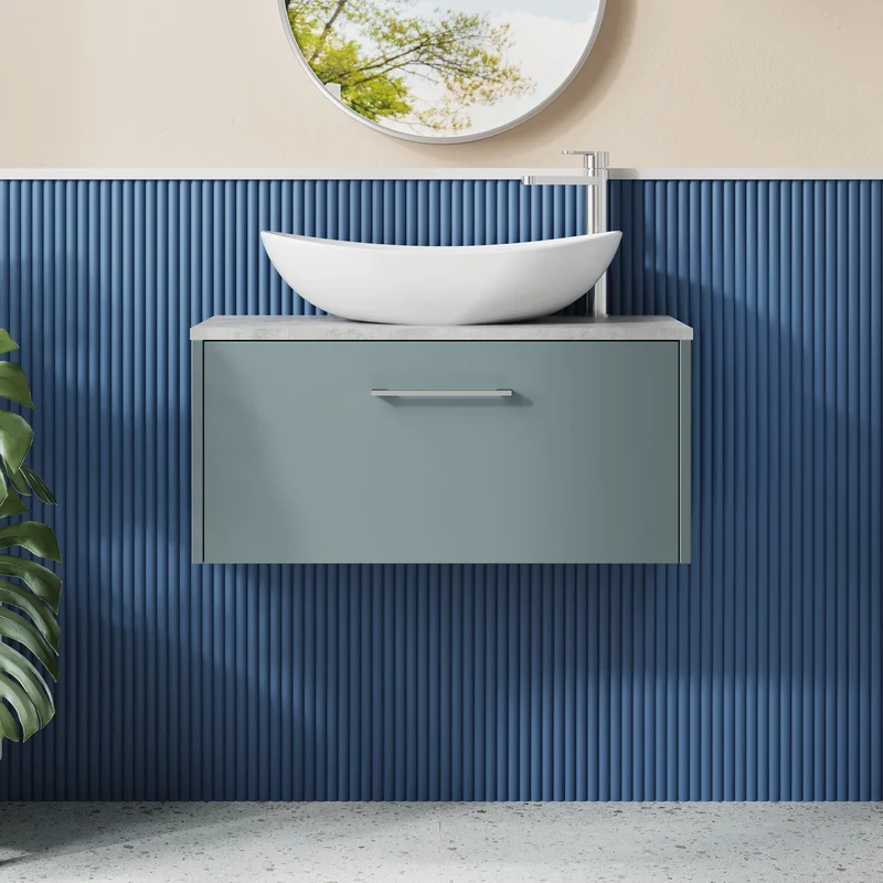 Juno 800mm Wall Hung 1 Drawer Vanity Unit & Bellato Grey Laminate Worktop - Coastal Grey Matt